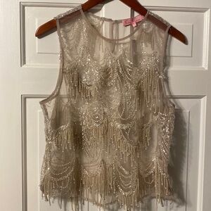 Anthropologie Beaded Sheer Fringe Tank Top in Champagne